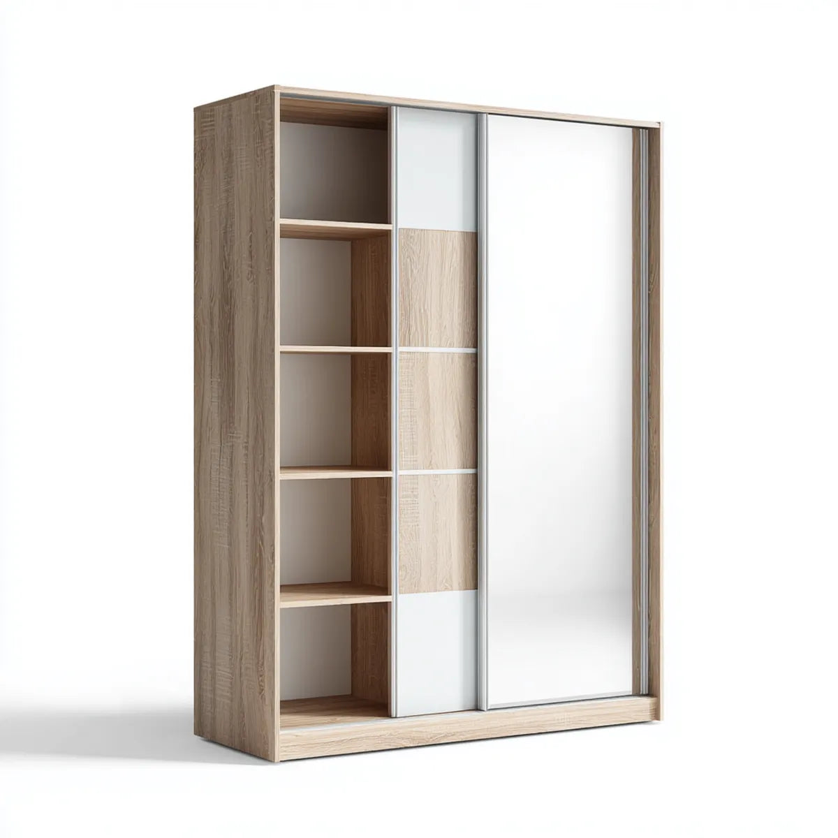 Armoire de chambre à 2 portes coulissantes chêne clair et blanc 150 x 60 x 200 cm en panneaux de particules mélaminés rectangulaire
