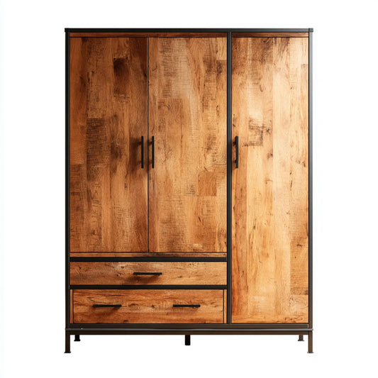 Armoire de chambre 3 portes 2 tiroirs marron naturel 120 x 60 x 200 cm en manguier massif et acier rectangulaire