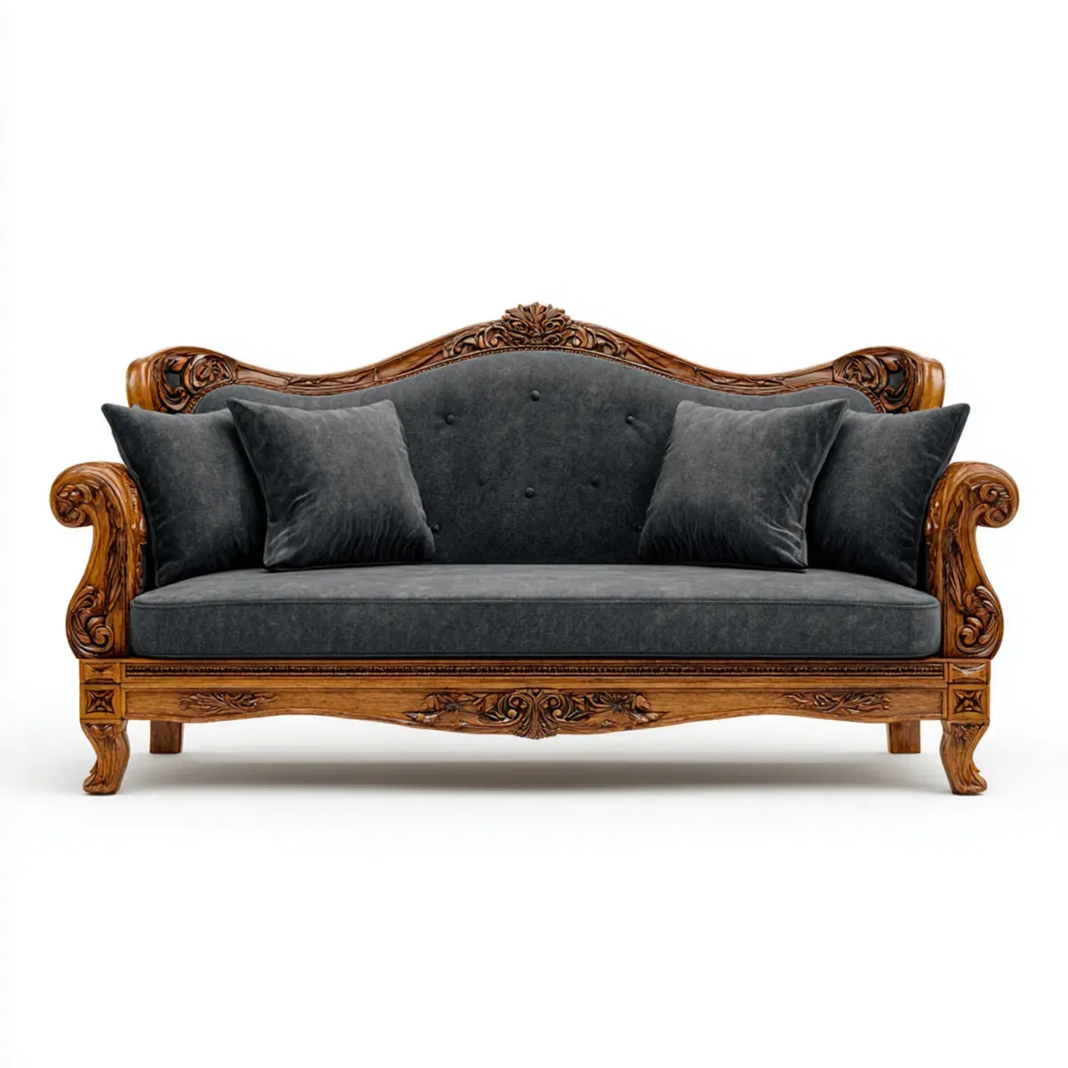 Canapé 3 places baroque gris anthracite et brun en velours de polyester avec structure en bois massif 220 x 90 x 105 cm