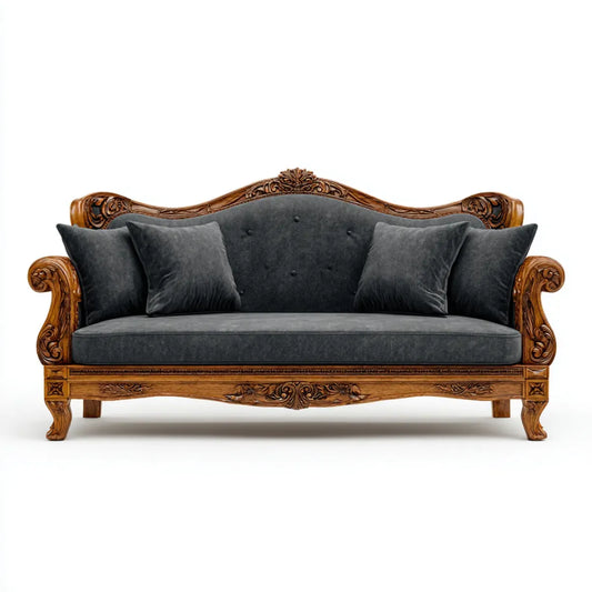 Canapé 3 places baroque gris anthracite et brun en velours de polyester avec structure en bois massif 220 x 90 x 105 cm