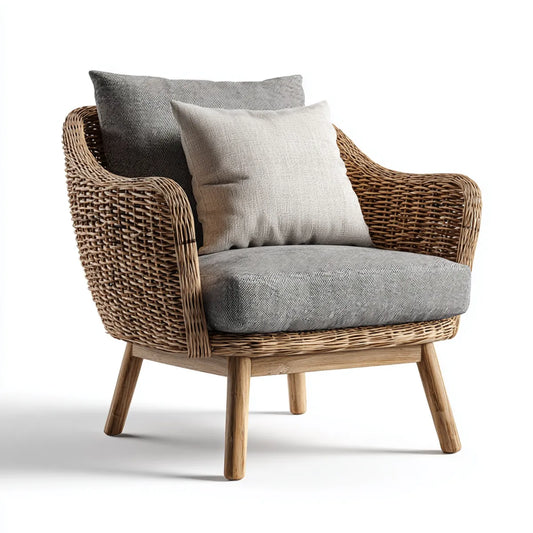 Fauteuil de salon enveloppant en rotin naturel brun avec coussins gris 78 x 76 x 82 cm