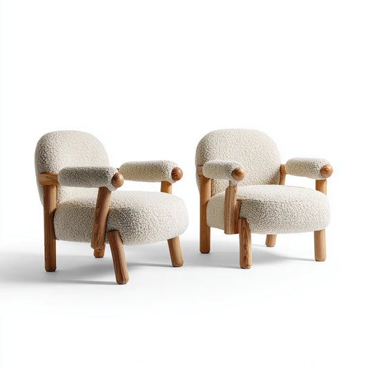 Lot de 2 fauteuils de salon crème en polyester bouclette avec structure en bois massif forme arrondie 72 x 76 x 78 cm