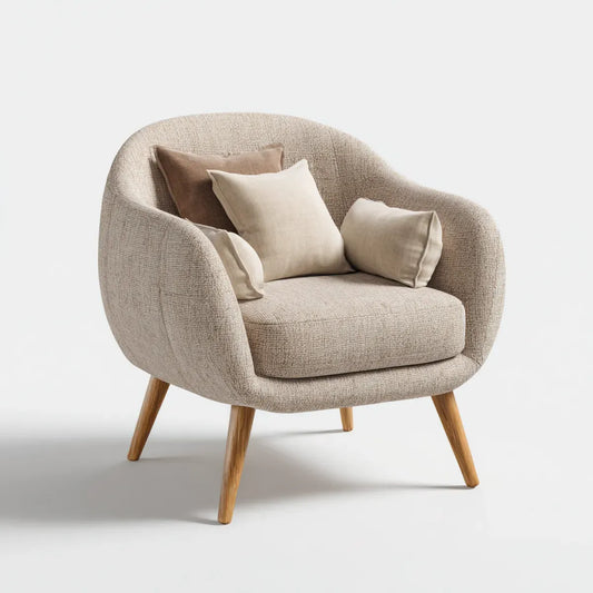 Fauteuil de salon beige arrondi en polyester bouclette avec pieds en hévéa 82 x 82 x 92 cm