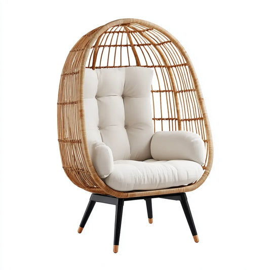 Fauteuil œuf en rotin naturel beige avec coussins en polyester 100 x 90 x 150 cm