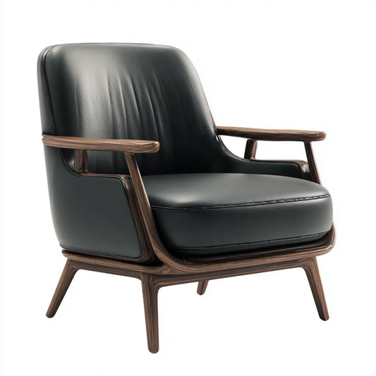Fauteuil de salon noir en cuir PU avec cadre en bois massif finition noyer 76 x 82 x 84 cm