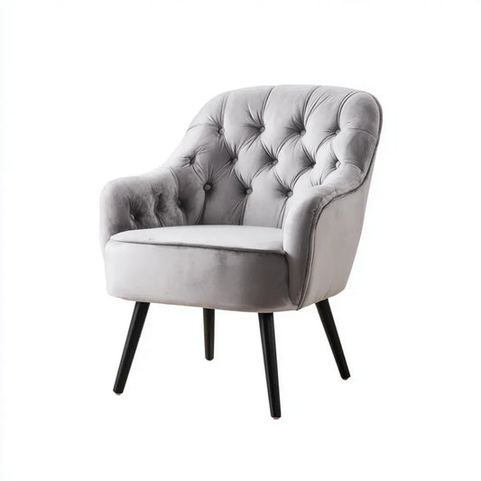 Fauteuil de salon capitonné gris en velours de polyester forme arrondie 70 x 75 x 95 cm