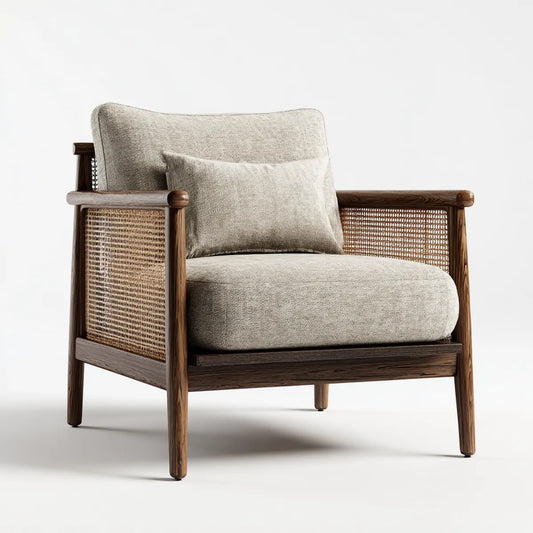 Fauteuil de salon droit beige 78 x 82 x 82 cm en bois massif et rotin